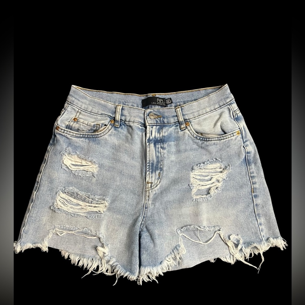BBJ Los Angeles destroyed women’s girls blue denim shorts Size 5 (27) Frayed